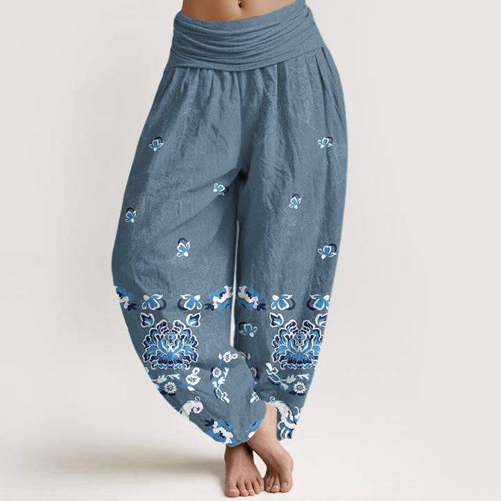 Buddha Stones Pure Cotton Elegant Classic Flower Butterfly Pattern Women's Elastic Waist Harem Pants - SteelBlue - US16，UK/AU20，EU48 (3XL) - image 8