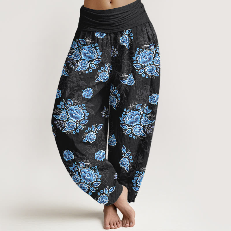 Buddha Stones Pure Cotton Blue Flower Pattern Women's Elastic Waist Harem Pants - Black - US16，UK/AU20，EU48 (3XL) - image 0