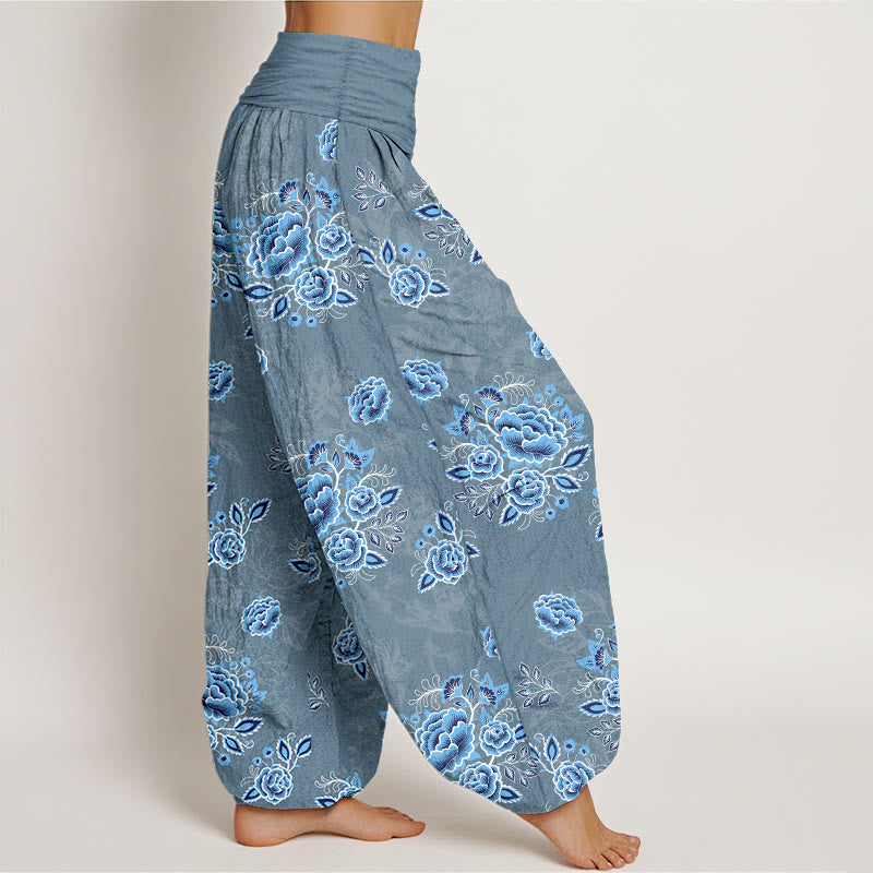 Buddha Stones Pure Cotton Blue Flower Pattern Women's Elastic Waist Harem Pants - image 10