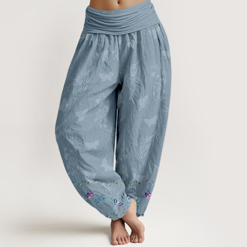 Buddha Stones Pure Cotton Trouser Legs Neatly Arranged Butterfly Grass Flower Pattern Women's Elastic Waist Harem Pants - LightBlue - US16，UK/AU20，EU48 (3XL) - image 5
