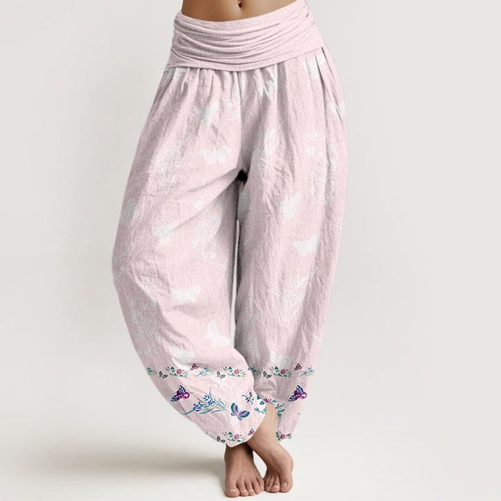 Buddha Stones Pure Cotton Trouser Legs Neatly Arranged Butterfly Grass Flower Pattern Women's Elastic Waist Harem Pants - MistyRose - US16，UK/AU20，EU48 (3XL) - image 8