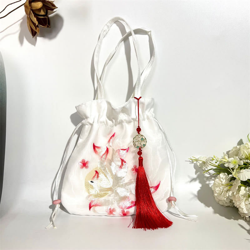 Buddha Stones Suzhou Embroidery Lotus Deer Epiphyllum Peony Rabbit Cotton Linen Tote Crossbody Bag Shoulder Bag Handbag - White Nine-Tailed Fox 21*22cm - image 22