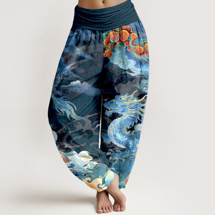 Buddha Stones Pure Cotton Gorgeous Dragon Cloud Rainbow Pattern Women's Elastic Waist Harem Pants - SteelBlue - US16，UK/AU20，EU48 (3XL) - image 0