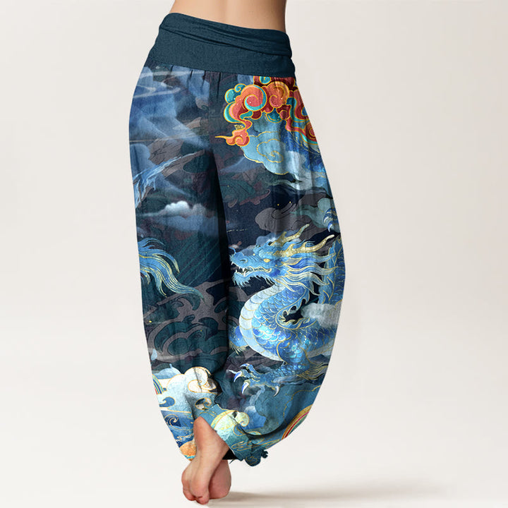 Buddha Stones Pure Cotton Gorgeous Dragon Cloud Rainbow Pattern Women's Elastic Waist Harem Pants - image 1