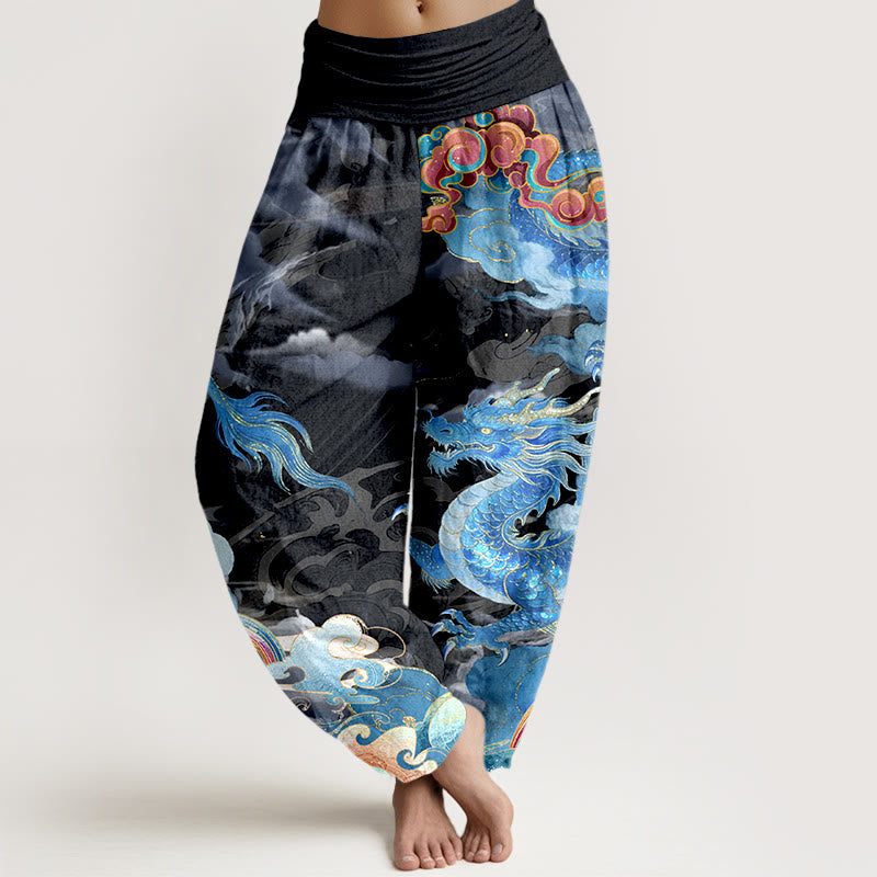 Buddha Stones Pure Cotton Gorgeous Dragon Cloud Rainbow Pattern Women's Elastic Waist Harem Pants - Black - US16，UK/AU20，EU48 (3XL) - image 8