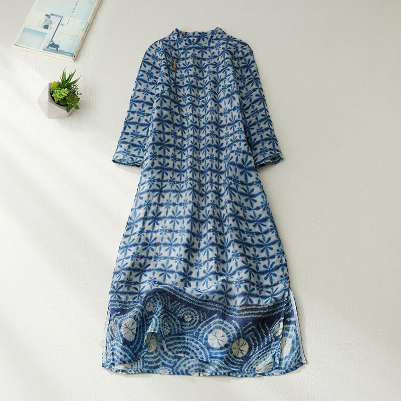 Buddha Stones Summer Blue Floral Stripes Circular Shape Stand Collar Design Short Sleeve Midi Dress With Pockets - CornflowerBlue - US12，UK/AU16，EU44 (3XL) - image 0