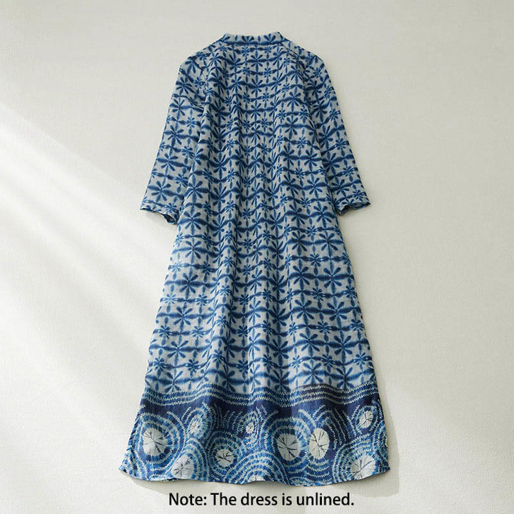 Buddha Stones Summer Blue Floral Stripes Circular Shape Stand Collar Design Short Sleeve Midi Dress With Pockets - image 1