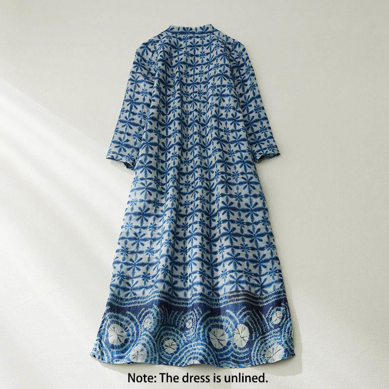 Buddha Stones Summer Blue Floral Stripes Circular Shape Stand Collar Design Short Sleeve Straight Midi Dress With Pockets - image 1