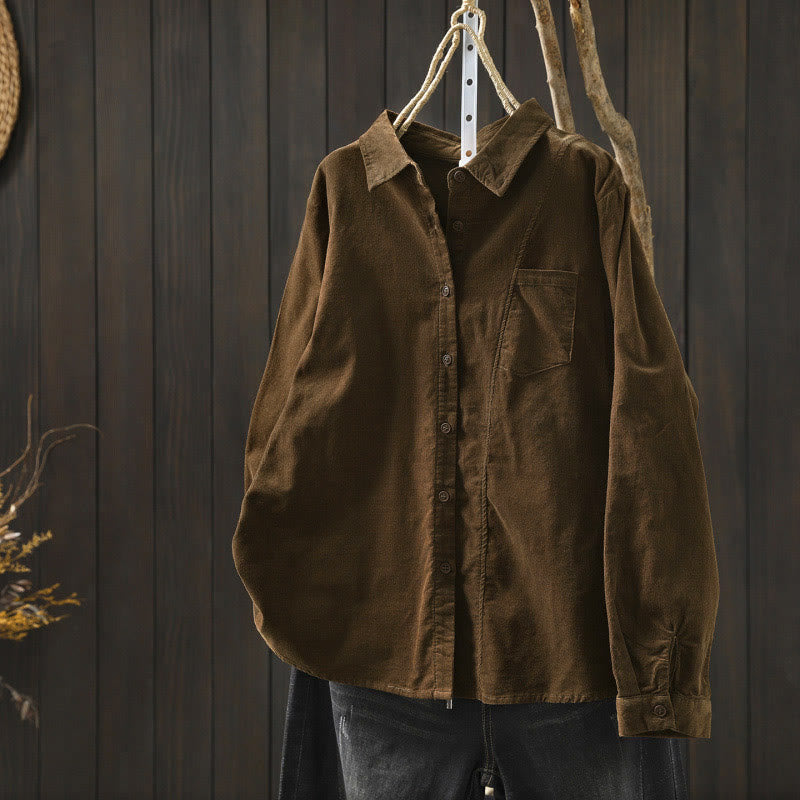 Buddha Stones Fall Solid Button Down Decorative Pocket Stand Collar Long Sleeve Women's Cotton Shirt - SaddleBrown - US4，UK/AU8，EU36 (L) - image 0