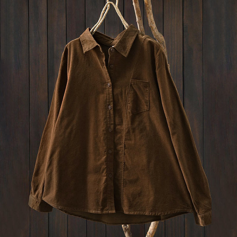 Buddha Stones Fall Solid Button Down Decorative Pocket Stand Collar Long Sleeve Women's Cotton Shirt - image 1