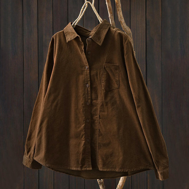 Buddha Stones Fall Solid Button Down Decorative Pocket Stand Collar Long Sleeve Women's Cotton Shirt - image 1