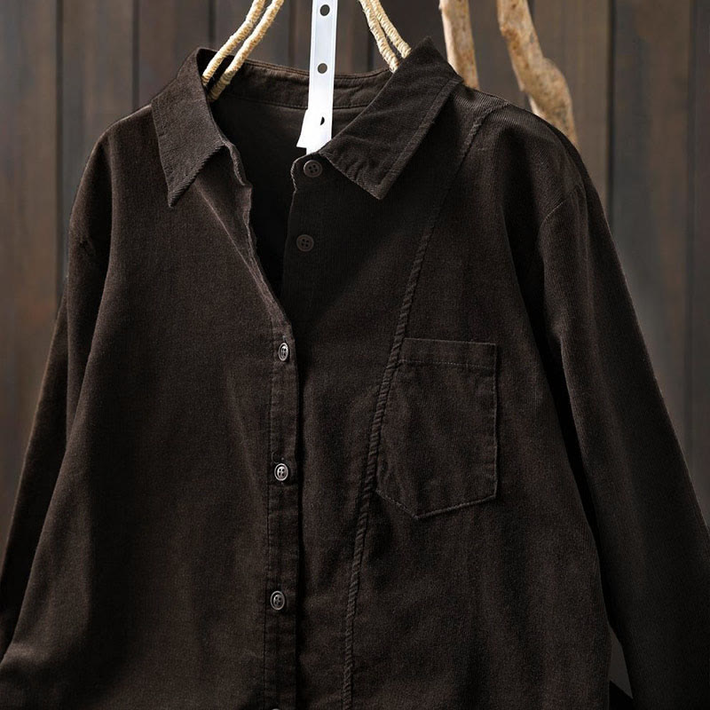 Buddha Stones Fall Solid Button Down Decorative Pocket Stand Collar Long Sleeve Women's Cotton Shirt - image 17