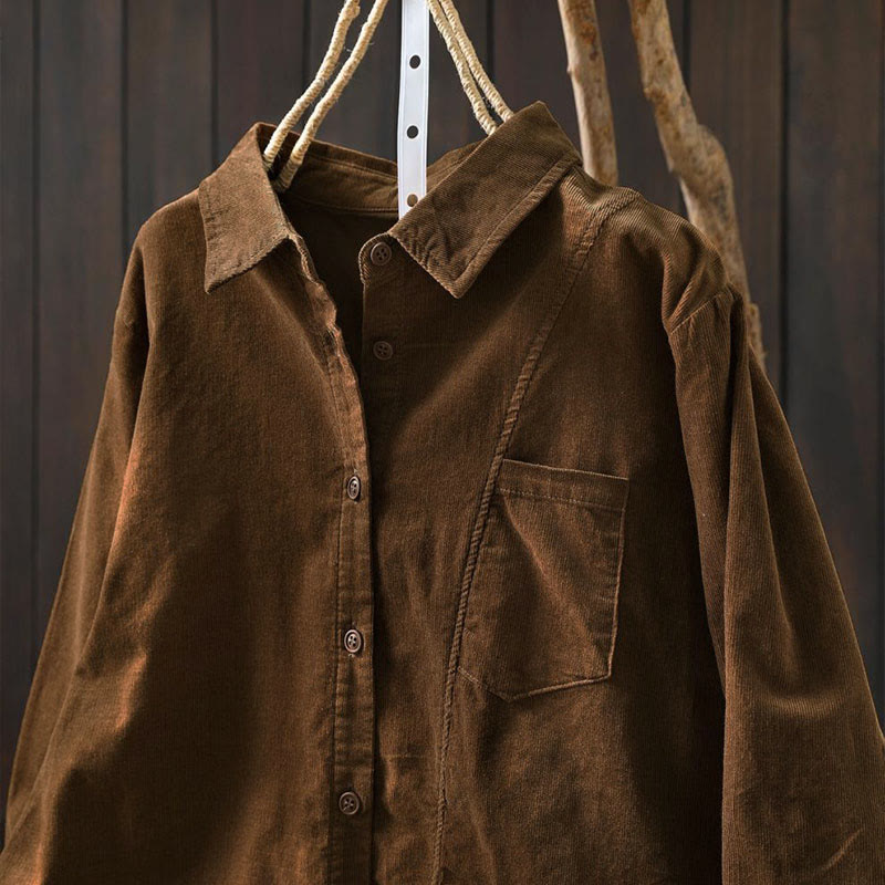 Buddha Stones Fall Solid Button Down Decorative Pocket Stand Collar Long Sleeve Women's Cotton Shirt - image 4