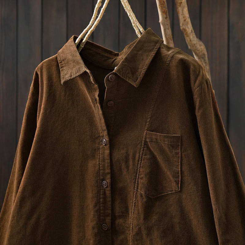 Buddha Stones Fall Solid Button Down Decorative Pocket Stand Collar Long Sleeve Women's Cotton Shirt - image 3