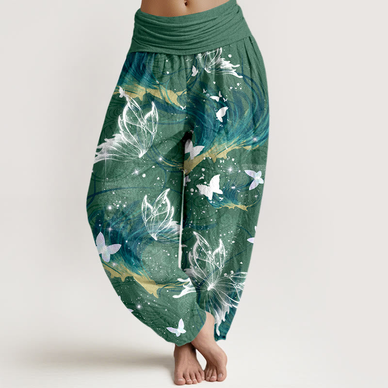Buddha Stones Pure Cotton Dreamlike Butterfly Line Pattern Women's Elastic Waist Harem Pants - SeaGreen - US16，UK/AU20，EU48 (3XL) - image 5