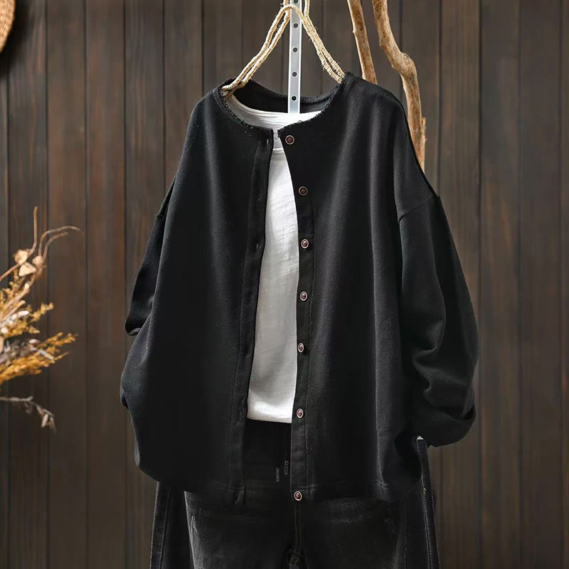 Buddha Stones Fall Solid Button Down Crew Neck Long Sleeve Women's Cotton Shirt - Black - US4-8/10，UK/AU8-12/14，EU36-40/42 (F) - image 16