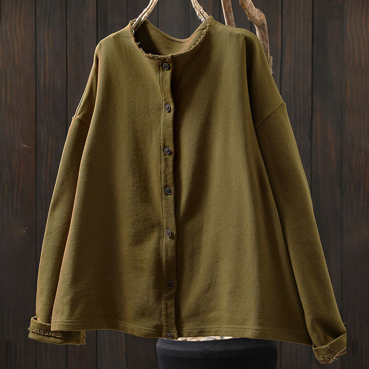 Buddha Stones Fall Solid Button Down Crew Neck Long Sleeve Women's Cotton Shirt - image 6