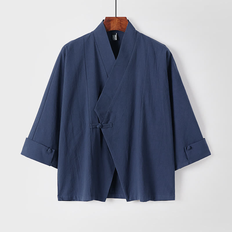 Buddha Stones Plain One Chinese Frog-Button Jacket Cotton Linen Men's Half Sleeve Kimono - SteelBlue - US/UK/AU54，EU64 (9XL) - image 0
