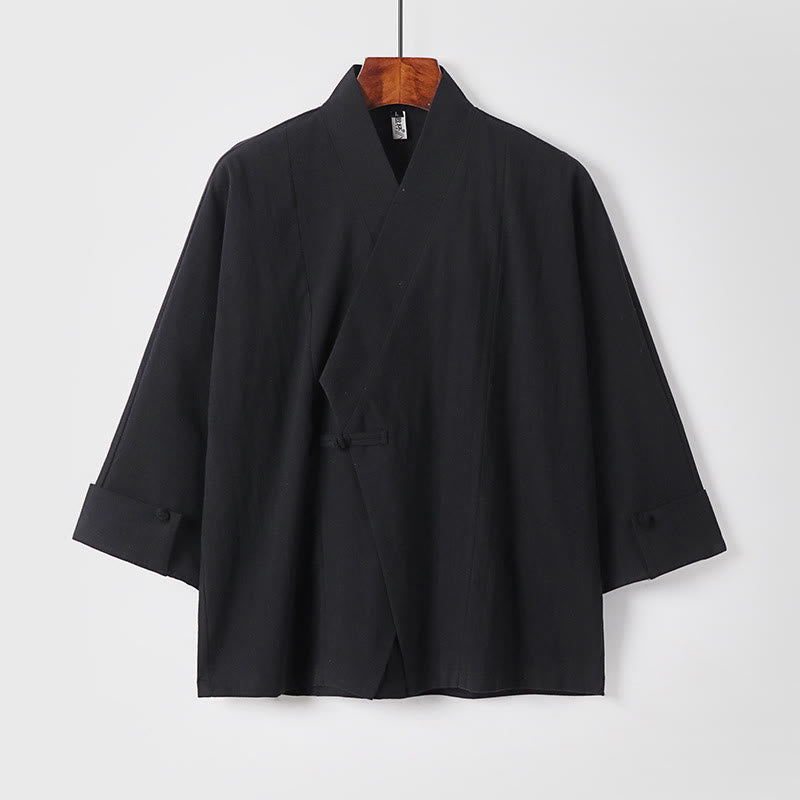 Buddha Stones Plain One Chinese Frog-Button Jacket Cotton Linen Men's Half Sleeve Kimono - Black - US/UK/AU54，EU64 (9XL) - image 10