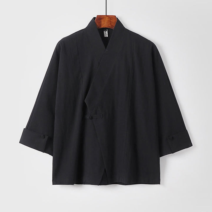 Buddha Stones Plain One Chinese Frog-Button Jacket Cotton Linen Men's Half Sleeve Kimono - Black - US/UK/AU54，EU64 (9XL) - image 10