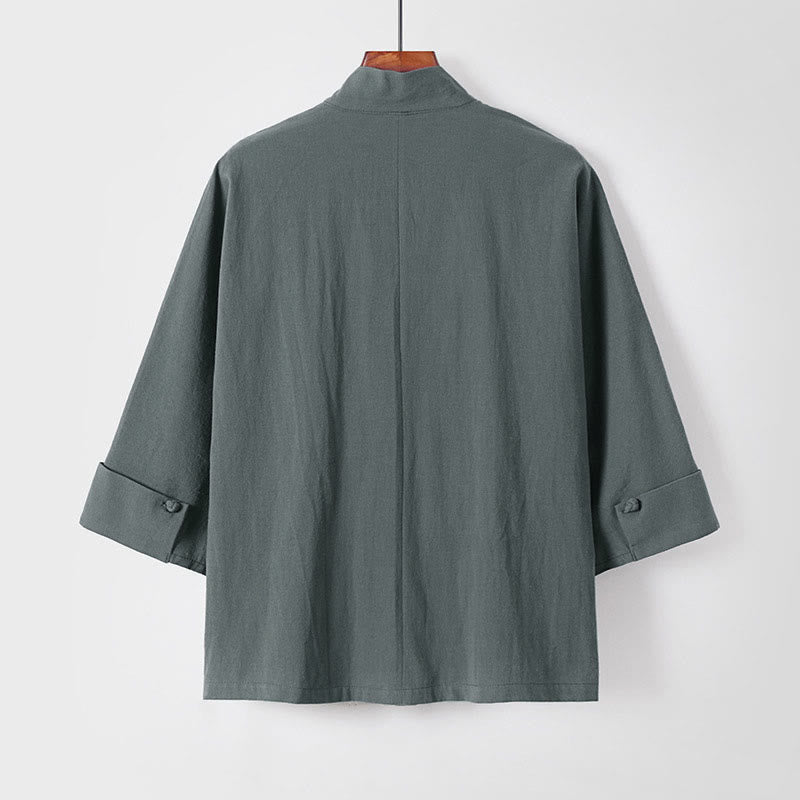Buddha Stones Plain One Chinese Frog-Button Jacket Cotton Linen Men's Half Sleeve Kimono - image 2