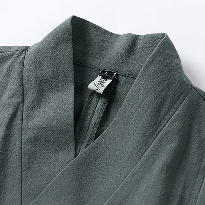 Buddha Stones Plain One Chinese Frog-Button Jacket Cotton Linen Men's Half Sleeve Kimono - image 3