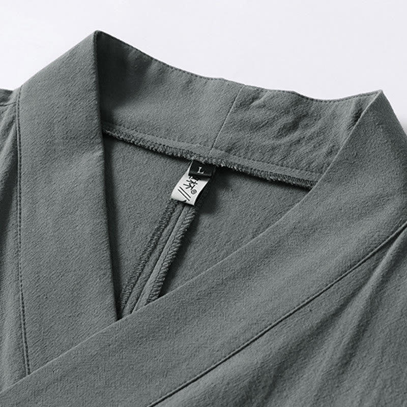 Buddha Stones Plain Lace-up Cotton Linen Men's Three Quarter Sleeve Kimono - image 2