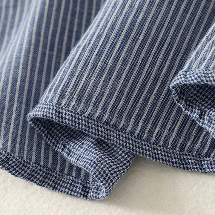 Buddha Stones Fall Blue Striped Color Blocking Stand Collar Buttons Down Design Women's Long Sleeve Shirt - image 7