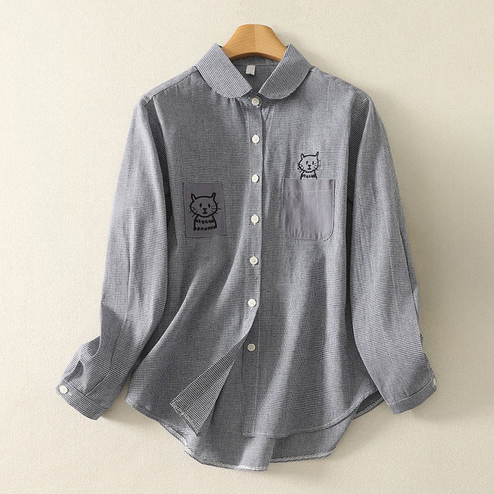 Buddha Stones Fall Cat Kitten Embroidery Plaid Stand Collar Buttons Down Design Women's Long Sleeve Shirt - LightGrey - US8-10，UK/AU12-14，EU40-42 (2XL) - image 0
