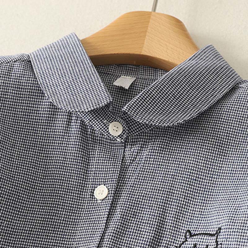 Buddha Stones Fall Cat Kitten Embroidery Plaid Stand Collar Buttons Down Design Women's Long Sleeve Shirt - image 1