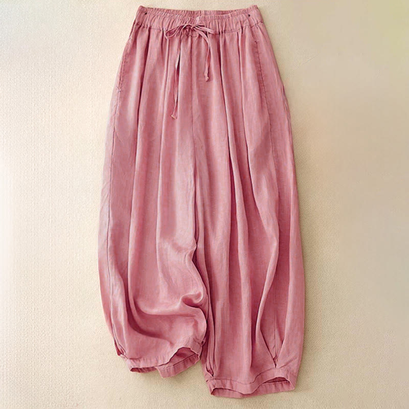 Buddha Stones Summer Elastic Waist Cotton Women's Capri Cropped Harem Pants With Pockets - Pink - US8-10，UK/AU12-14，EU40-42 (2XL) - image 18