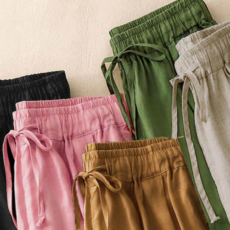 Buddha Stones Summer Elastic Waist Cotton Women's Capri Cropped Harem Pants With Pockets - image 33