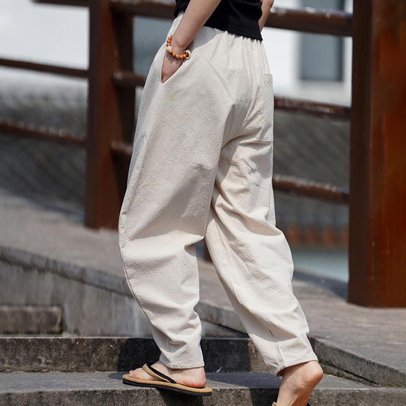 Buddha Stones Summer Plain One Chinese Frog-Button Straight Leg Design Men's Cotton Linen Pants With Pockets - image 3