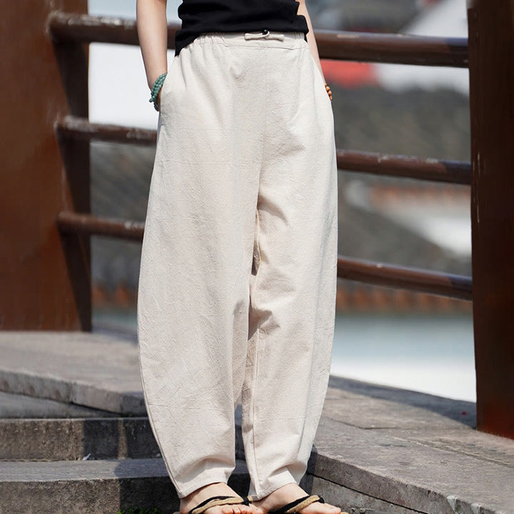 Buddha Stones Summer Plain One Chinese Frog-Button Straight Leg Design Men's Cotton Linen Pants With Pockets - image 5