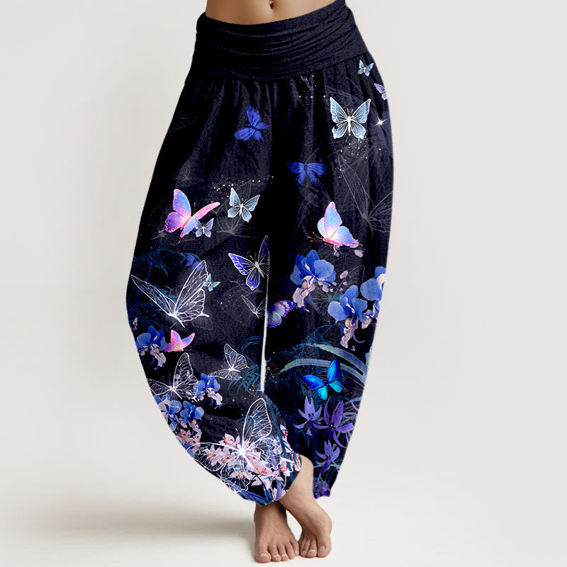 Buddha Stones Pure Cotton Dreamlike Butterfly Flower Grass Bamboo Pattern Women's Elastic Waist Harem Pants - Black - US16，UK/AU20，EU48 (3XL) - image 0