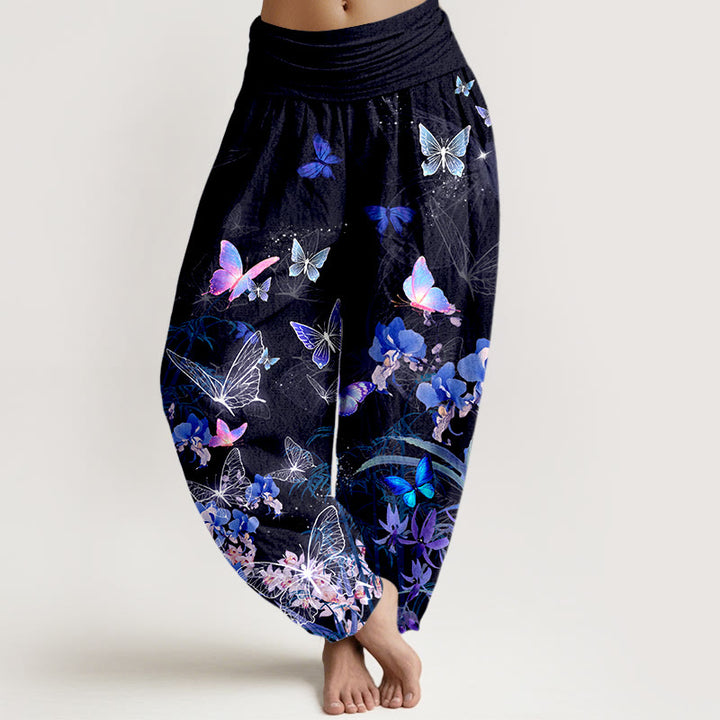 Buddha Stones Pure Cotton Dreamlike Butterfly Flower Grass Bamboo Pattern Women's Elastic Waist Harem Pants - Black - US16，UK/AU20，EU48 (3XL) - image 0