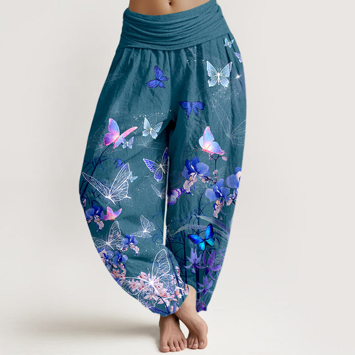Buddha Stones Pure Cotton Dreamlike Butterfly Flower Grass Bamboo Pattern Women's Elastic Waist Harem Pants - Teal - US16，UK/AU20，EU48 (3XL) - image 5