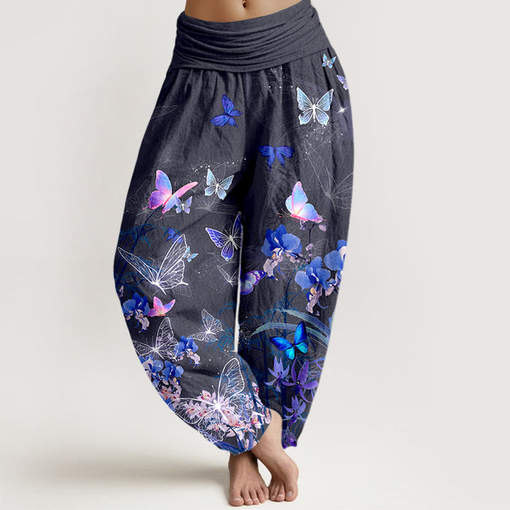 Buddha Stones Pure Cotton Dreamlike Butterfly Flower Grass Bamboo Pattern Women's Elastic Waist Harem Pants - Gray - US16，UK/AU20，EU48 (3XL) - image 8