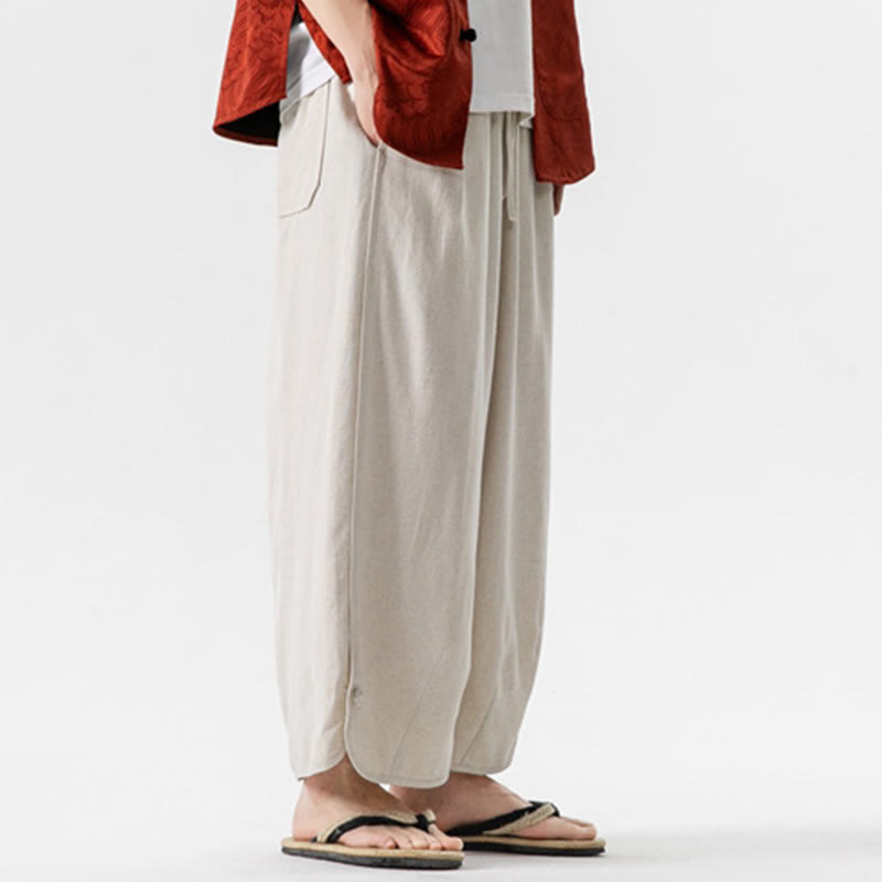 Buddha Stones Summer Plain Drawstring Design Linen Cotton Men's 7-8 Length Pants With Pockets - image 5