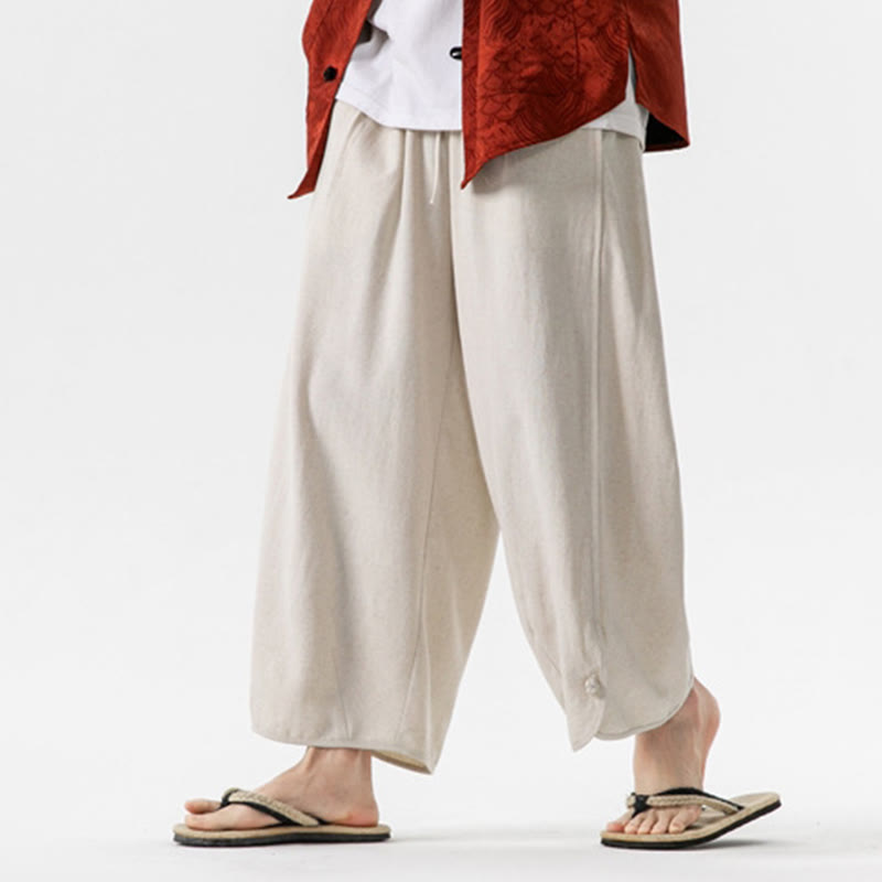 Buddha Stones Summer Plain Drawstring Design Linen Cotton Men's 7-8 Length Pants With Pockets - image 2