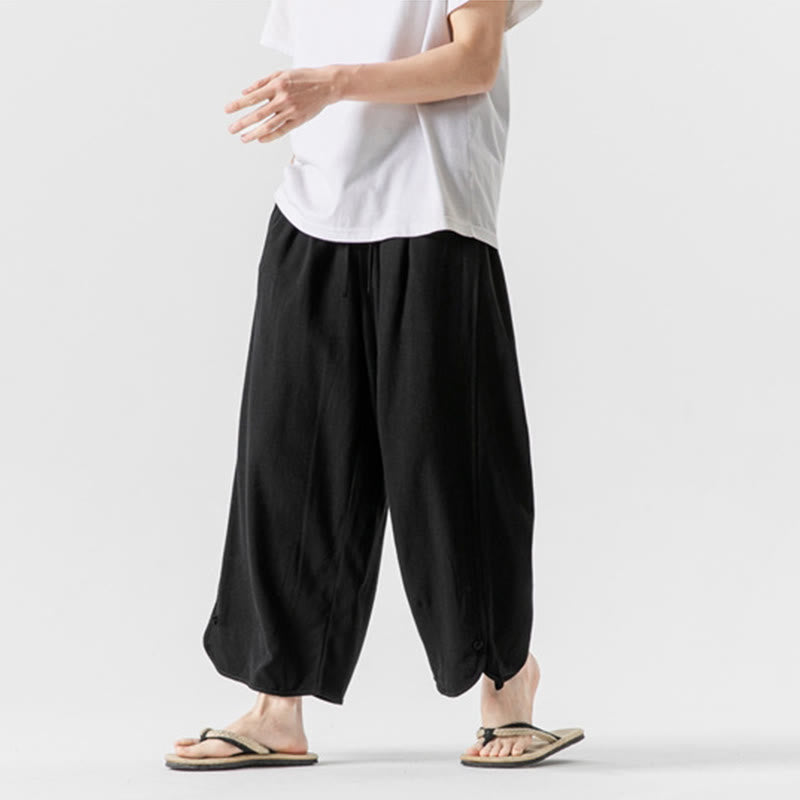 Buddha Stones Summer Plain Drawstring Design Linen Cotton Men's 7-8 Length Pants With Pockets - image 19