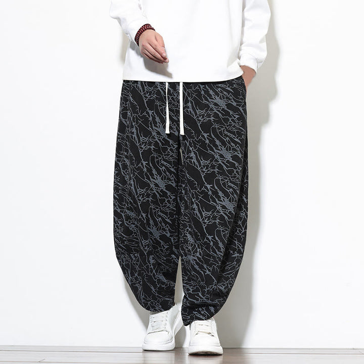 Buddha Stones Fall Textured Lines Print Cotton Elastic Waist Ankle-Length Men's Harem Pants With Pockets - Black - US/UK/AU46，EU56 (5XL) - image 8