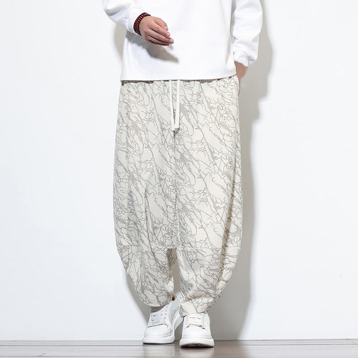 Buddha Stones Fall Textured Lines Print Cotton Elastic Waist Ankle-Length Men's Harem Pants With Pockets - White - US/UK/AU46，EU56 (5XL) - image 24