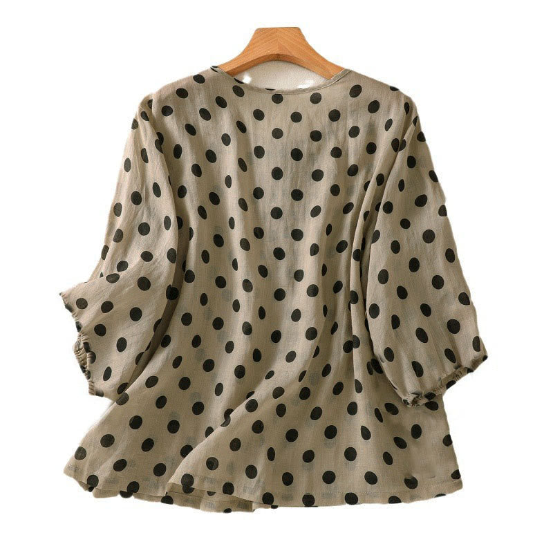 Buddha Stones Fall Round Neck Polka Dots Long Sleeve Women's Polyester Shirt  - image 17