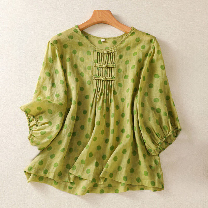 Buddha Stones Fall Round Neck Polka Dots Long Sleeve Women's Polyester Shirt  - YellowGreen - US12，UK/AU16，EU44 (2XL) - image 7