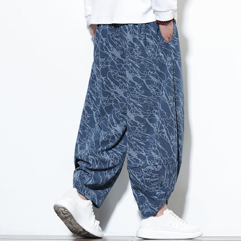 Buddha Stones Fall Textured Lines Print Cotton Elastic Waist Ankle-Length Men's Harem Pants With Pockets - image 3