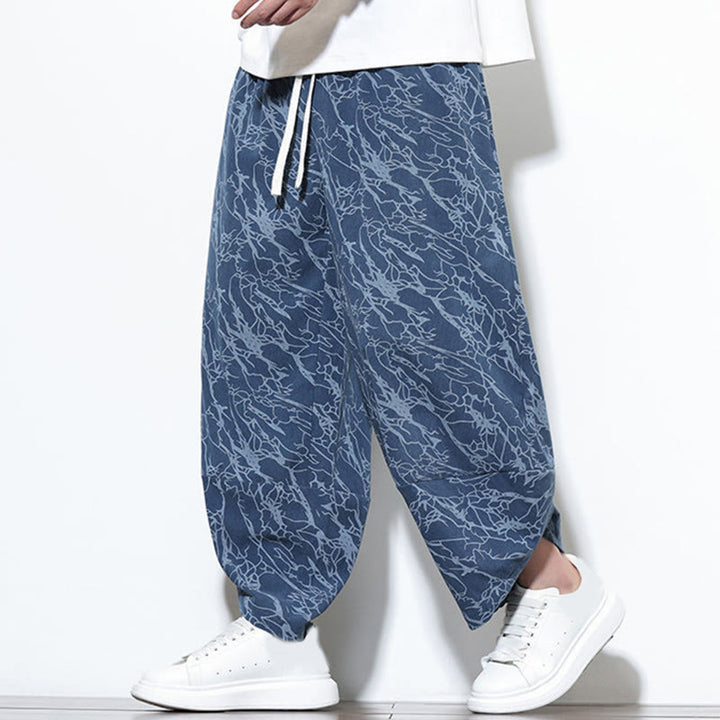 Buddha Stones Fall Textured Lines Print Cotton Elastic Waist Ankle-Length Men's Harem Pants With Pockets - image 1