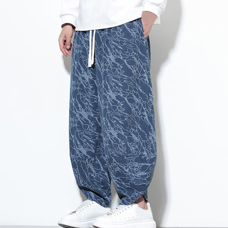 Buddha Stones Fall Textured Lines Print Cotton Elastic Waist Ankle-Length Men's Harem Pants With Pockets - image 4