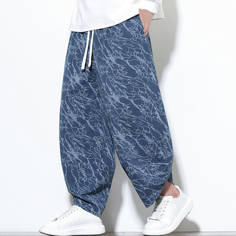 Buddha Stones Fall Textured Lines Print Cotton Elastic Waist Ankle-Length Men's Harem Pants With Pockets - image 7