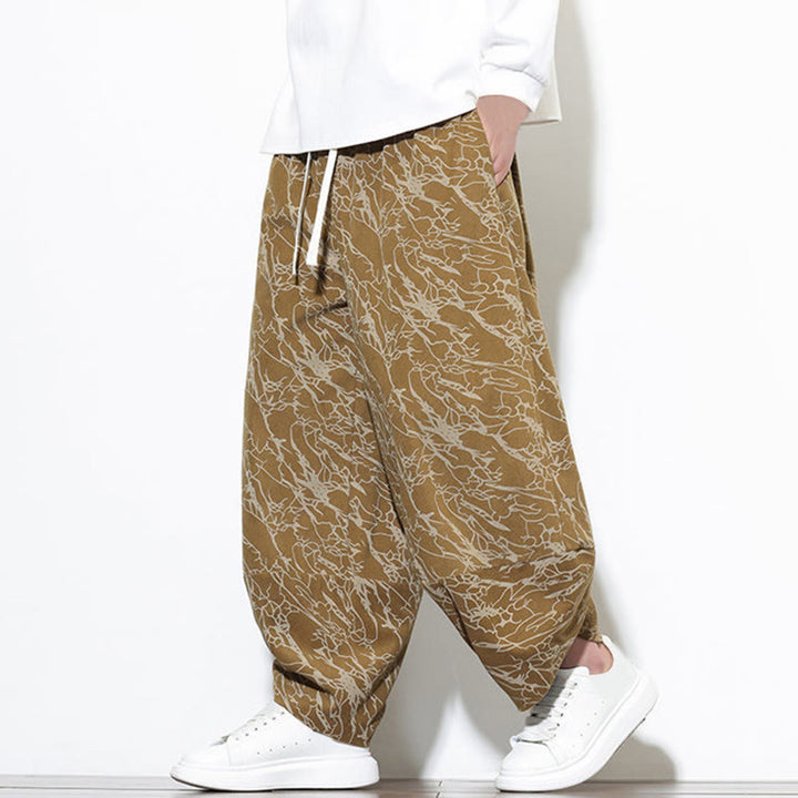 Buddha Stones Fall Textured Lines Print Cotton Elastic Waist Ankle-Length Men's Harem Pants With Pockets - image 17